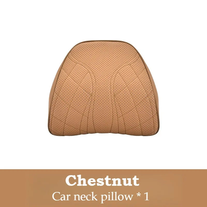 Memory Foam Car Neck & Lumbar Pillow Set – Nappa Leather Headrest and Waist Support - Delicate Leather  