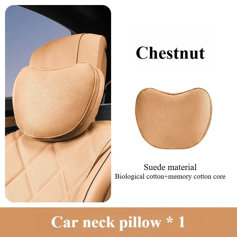 Suede Car Neck and Lumbar Support Set – Universal Ergonomic Headrest & Waist Pillow for Auto Seats - Delicate Leather  