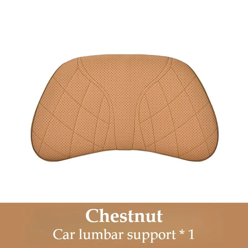 Memory Foam Car Neck & Lumbar Pillow Set – Nappa Leather Headrest and Waist Support - Delicate Leather  