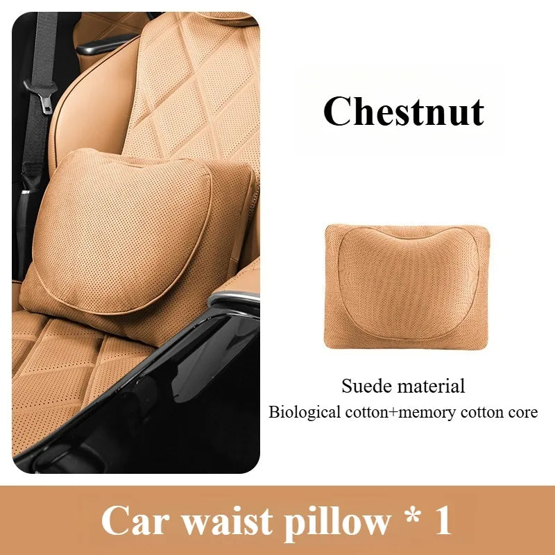 Suede Car Neck and Lumbar Support Set – Universal Ergonomic Headrest & Waist Pillow for Auto Seats - Delicate Leather  