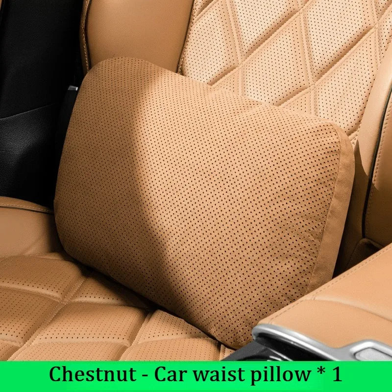 Suede Car Neck Pillow & Lumbar Cushion Set – Universal Fit Soft Headrest and Waist Support for Comfortable Driving - Delicate Leather  