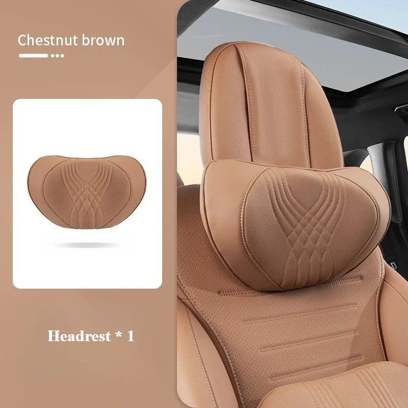 Nappa Leather Car Neck & Seat Pillow – Memory Foam Car Headrest and Lumbar Cushion, Universal All-Season Auto Accessories - Delicate Leather  