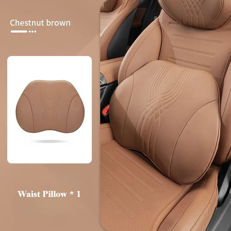 Nappa Leather Car Neck Pillow and Seat Pillow - Soft Headrest Lumbar Support for Comfortable Driving - Auto Accessories - Delicate Leather  