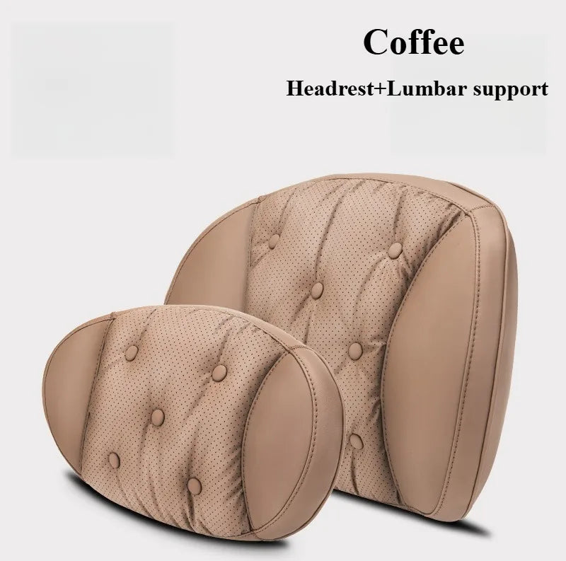 Universal Car Headrest & Lumbar Support Cushion – Nappa Leather Neck and Lumbar Pillows for Comfort - Delicate Leather  