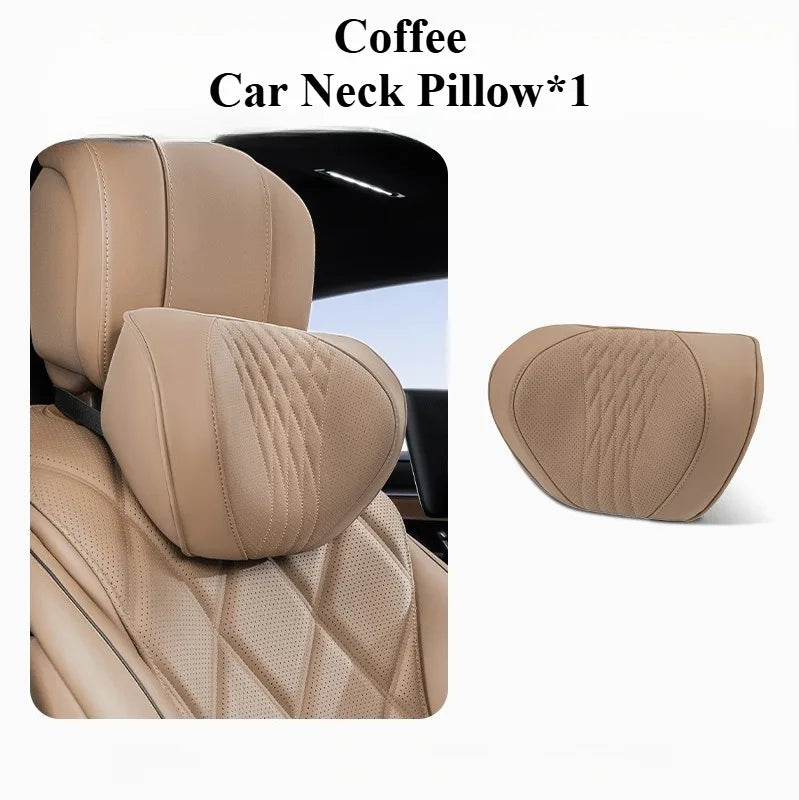 Soft Memory Foam Car Neck & Lumbar Pillow Set – Leather Headrest for Comfortable Driving - Delicate Leather  