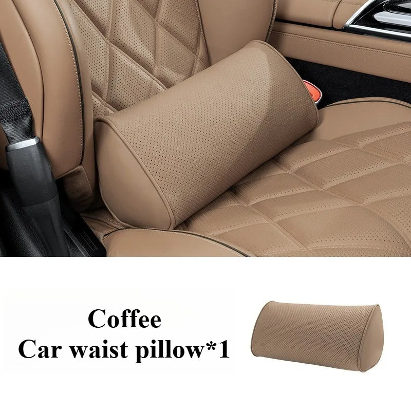 Memory Cotton Car Headrest & Lumbar Pillow Set – Leather Neck and Waist Support for Comfortable Driving - Delicate Leather  