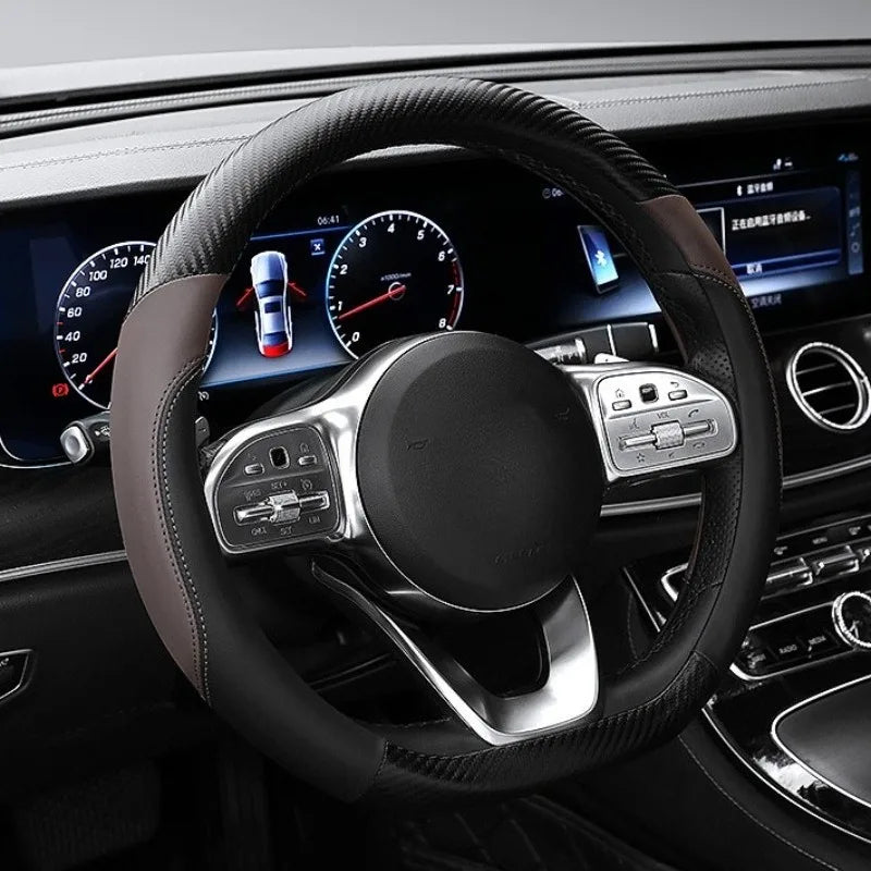 Carbon Fiber Leather Steering Wheel Cover – O/D Shape, Universal Non-Slip Car Accessory - Delicate Leather  