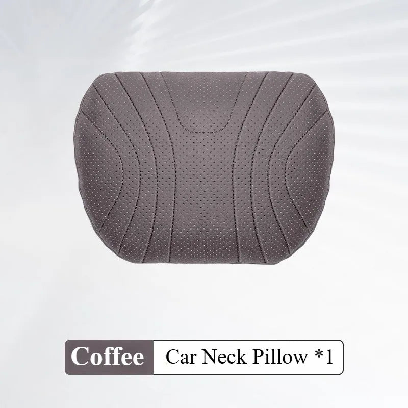 Soft Nappa Leather Car Neck & Lumbar Pillow Set – Ergonomic Headrest and Waist Support - Delicate Leather  