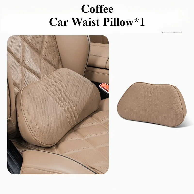 Soft Memory Foam Car Neck & Lumbar Pillow Set – Leather Headrest for Comfortable Driving - Delicate Leather  