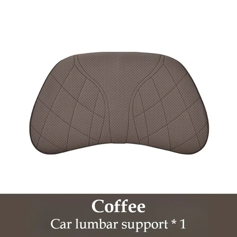 Memory Foam Car Neck & Lumbar Pillow Set – Nappa Leather Headrest and Waist Support - Delicate Leather  