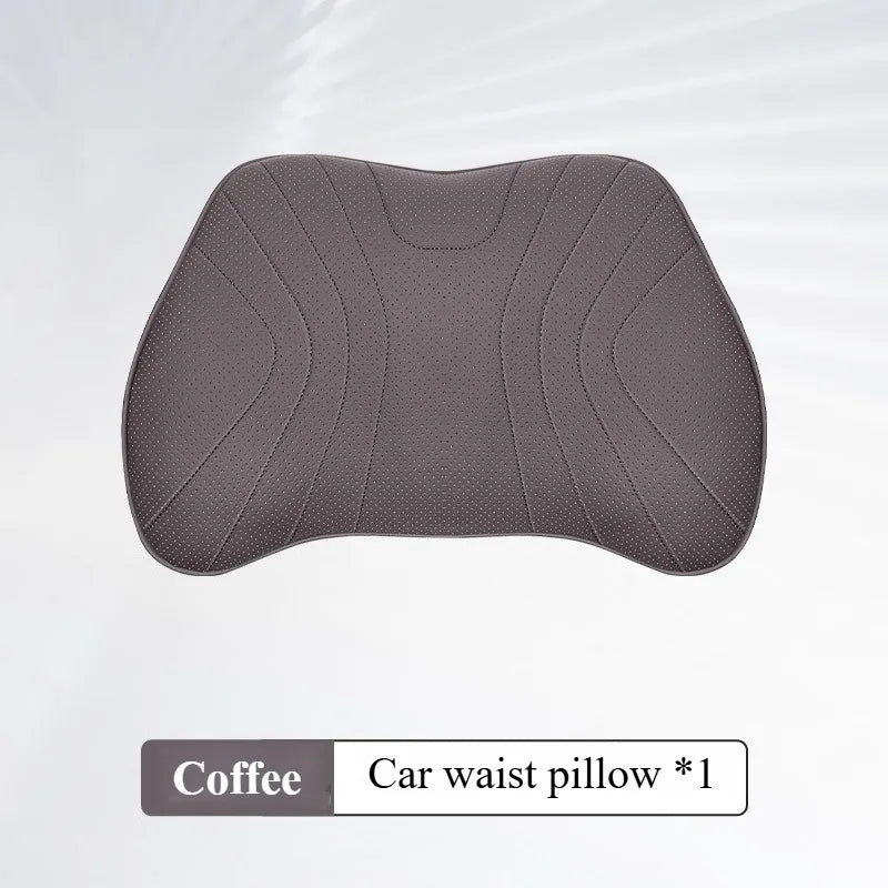 Soft Nappa Leather Car Neck & Lumbar Pillow Set – Ergonomic Headrest and Waist Support - Delicate Leather  