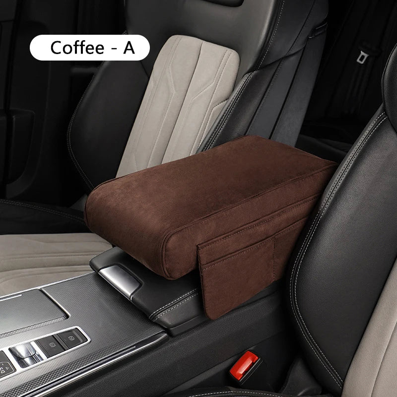 Suede Car Armrest Cushion with Cup Holder – Memory Foam Center Console Pad, Universal Fit, Enhanced Elbow Support - Delicate Leather  