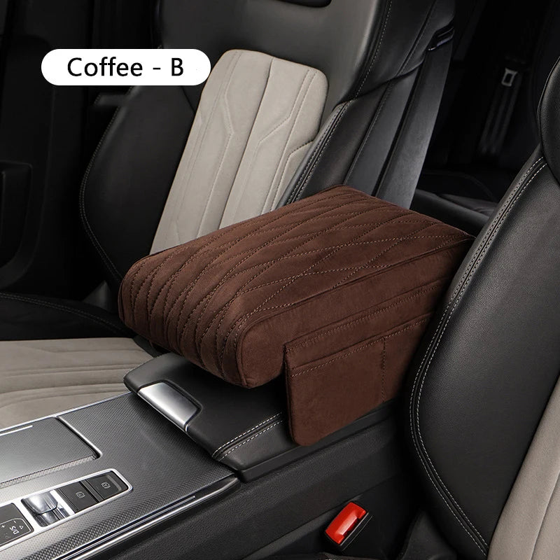 Suede Car Armrest Cushion with Cup Holder – Memory Foam Center Console Pad, Universal Fit, Enhanced Elbow Support - Delicate Leather  