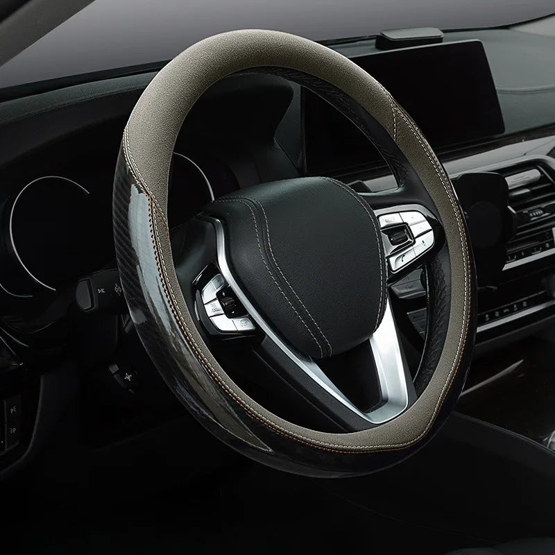 Carbon Fiber Steering Wheel Cover – Universal 38 cm Fit, Breathable Non-Slip Grip, Soft Rubber + Tech Cloth Car Steering Accessory - Delicate Leather  