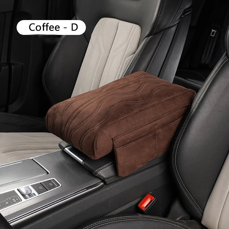 Suede Car Armrest Cushion with Cup Holder – Memory Foam Center Console Pad, Universal Fit, Enhanced Elbow Support - Delicate Leather  