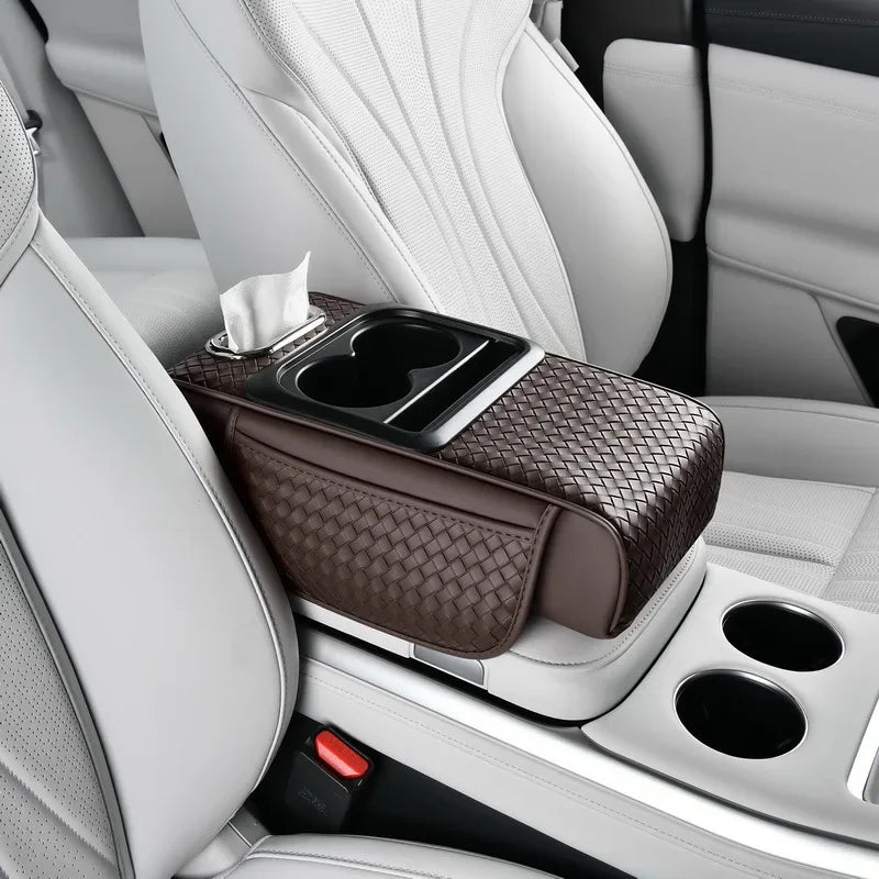 Car Armrest Cushion with Tissue Box & Cup Holder – Center Console Organizer Pad - Delicate Leather  