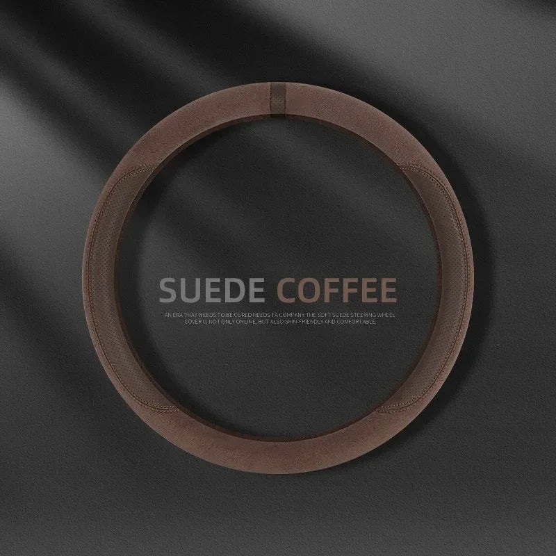 Trendy Four-Season Suede Steering Wheel Cover – Universal Non-Slip Handle Grip, Sporty D-Type Car Steering Wheel Protector - Delicate Leather  