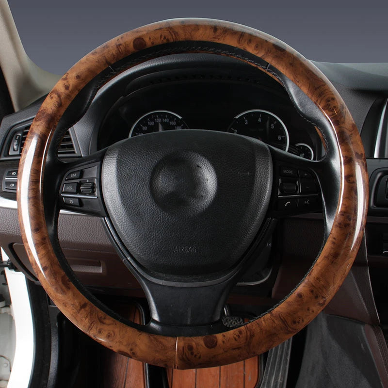 Wood Grain Steering Wheel Cover – 38cm, Anti-Slip, Durable, Fashionable Car Interior Accessory - Delicate Leather  