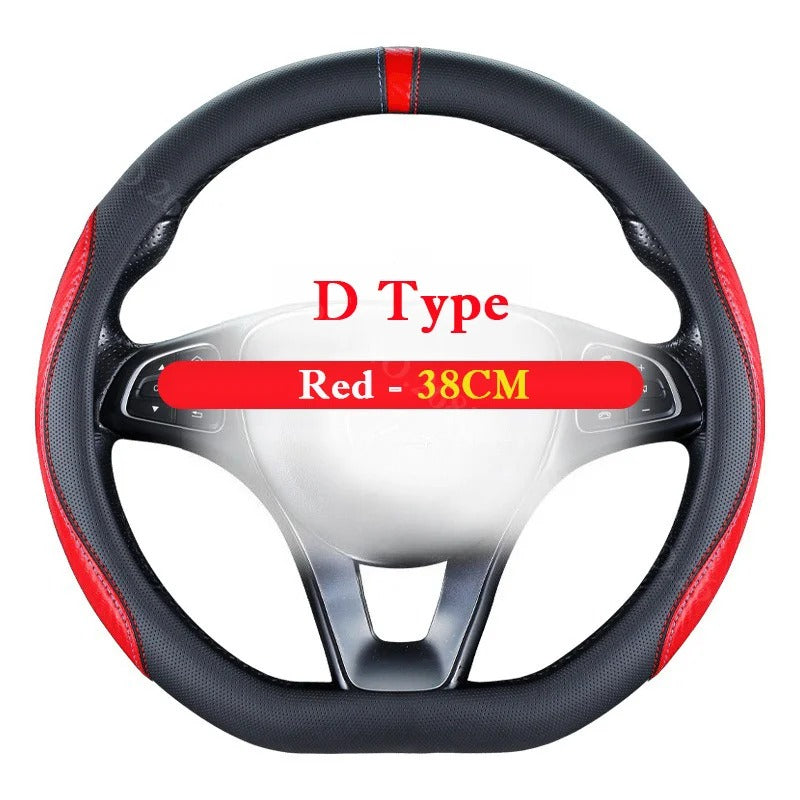 Carbon Fiber Style Steering Wheel Cover 36–38cm – Breathable Anti-Slip O/D-Shaped Grip - Delicate Leather