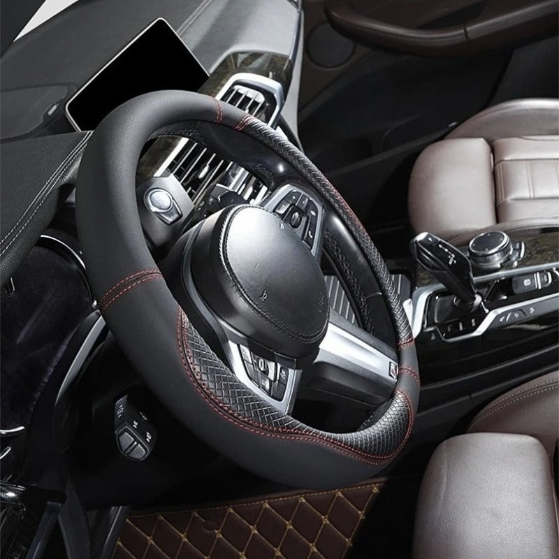 Premium Leather Steering Wheel Cover – 3D Diamond Embossed Anti-Slip Universal 37–38cm Fit - Delicate Leather