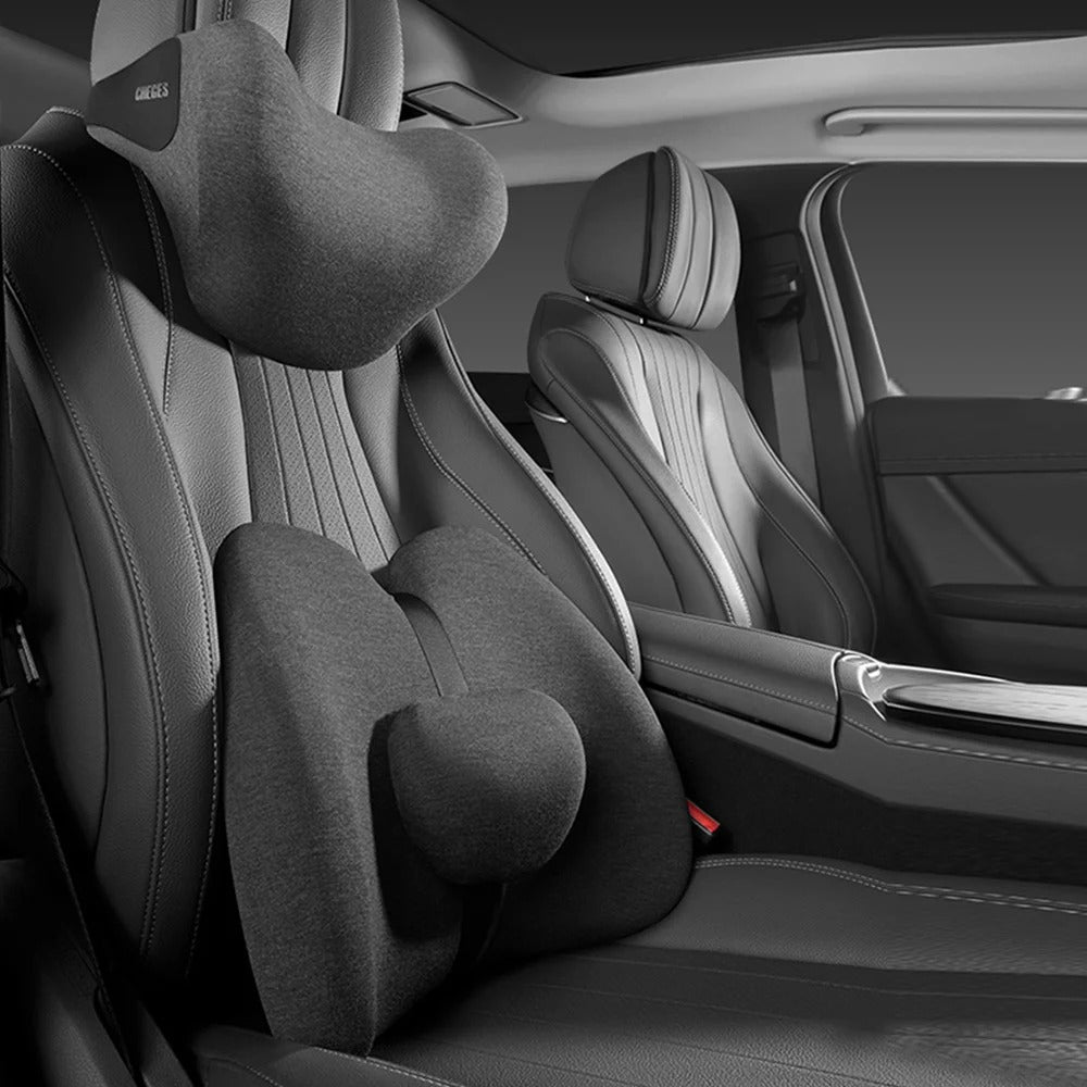 Car Headrest & Lumbar Cushion Set – Memory Foam Neck Pillow and Waist Pad - Delicate Leather