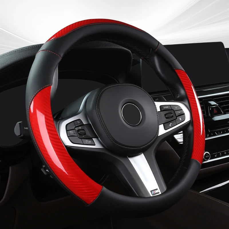 Carbon Fiber & Leather Steering Wheel Cover – Sports Style, O-Shape, Breathable & Non-Slip Rubber Inner Ring, Universal 37–38 cm Four-Season - Delicate Leather  