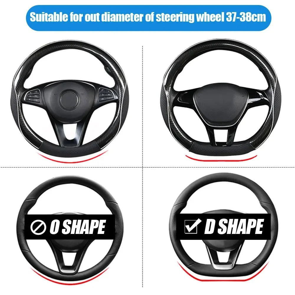 Carbon Fiber Microfiber Leather Steering Wheel Cover – Universal 37–38CM Non-Slip Grip - Delicate Leather