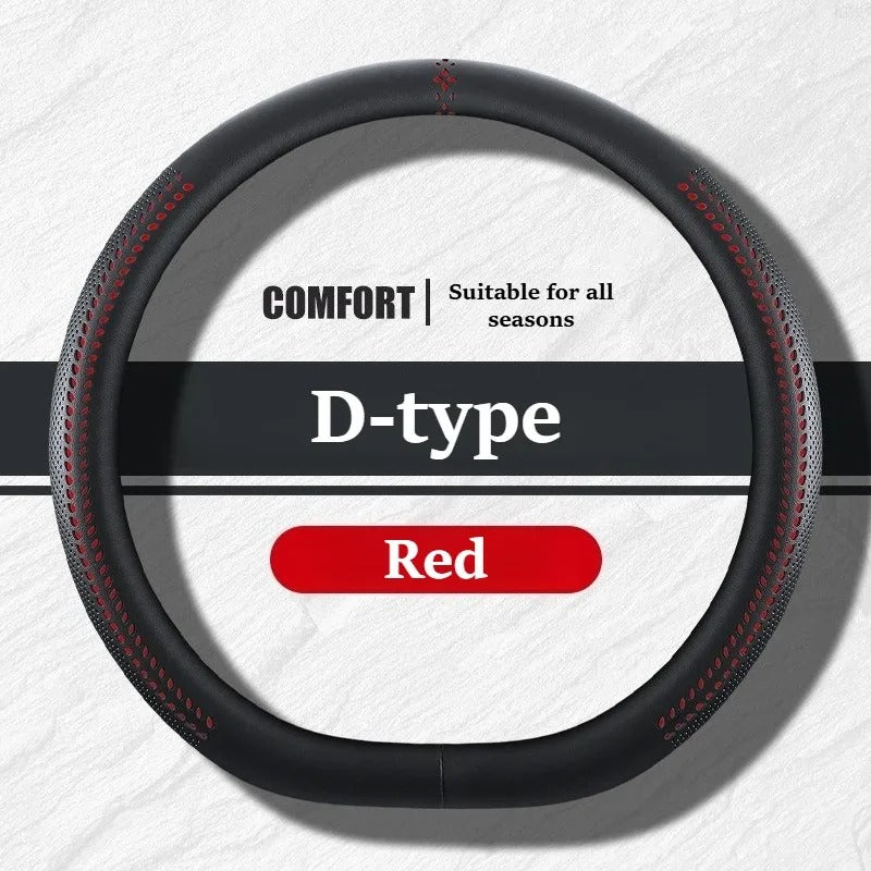 Universal Nappa Leather Steering Wheel Cover 38cm – O-Type, D-Type & Double D Non-Slip Car Steering Wheel Protector - Delicate Leather