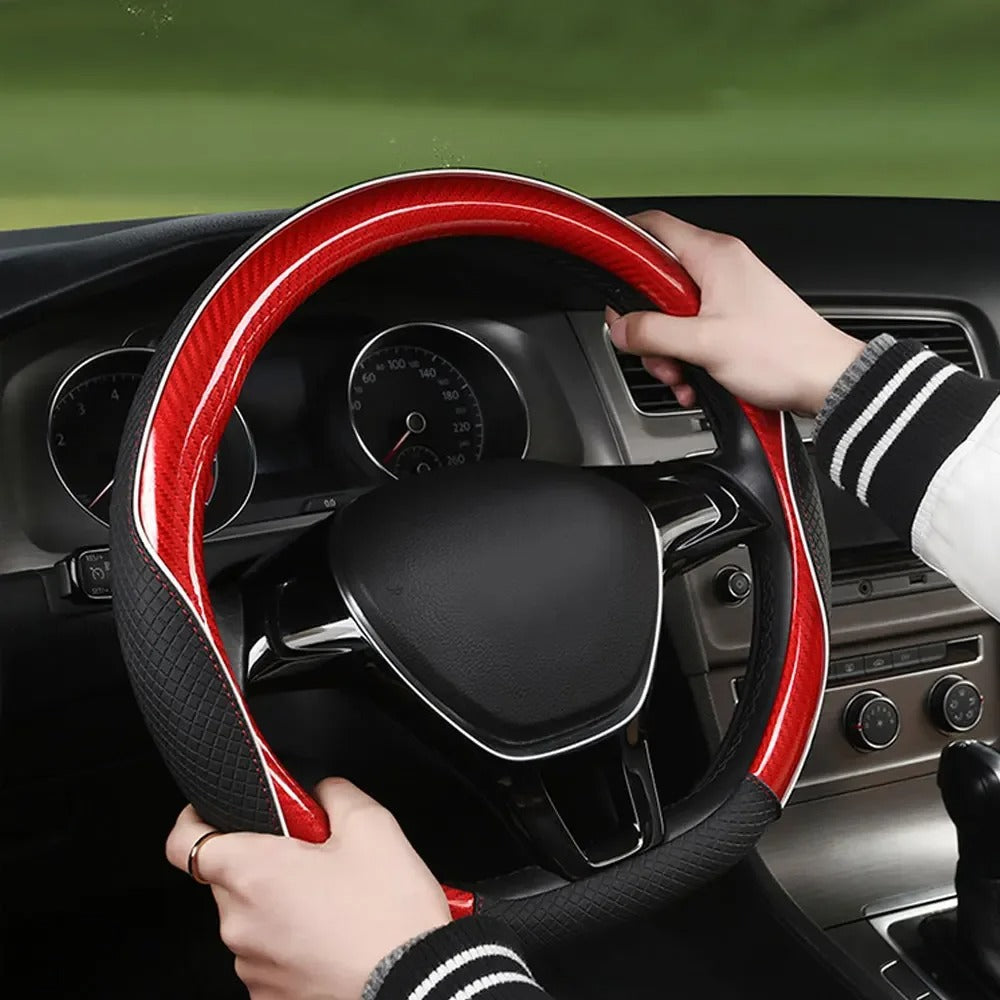 Carbon Fiber Microfiber Leather Steering Wheel Cover – Universal 37–38CM Non-Slip Grip - Delicate Leather