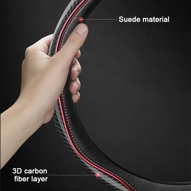 Suede & Carbon Fiber Steering Wheel Cover – Breathable Non-Slip Sport Grip - Delicate Leather