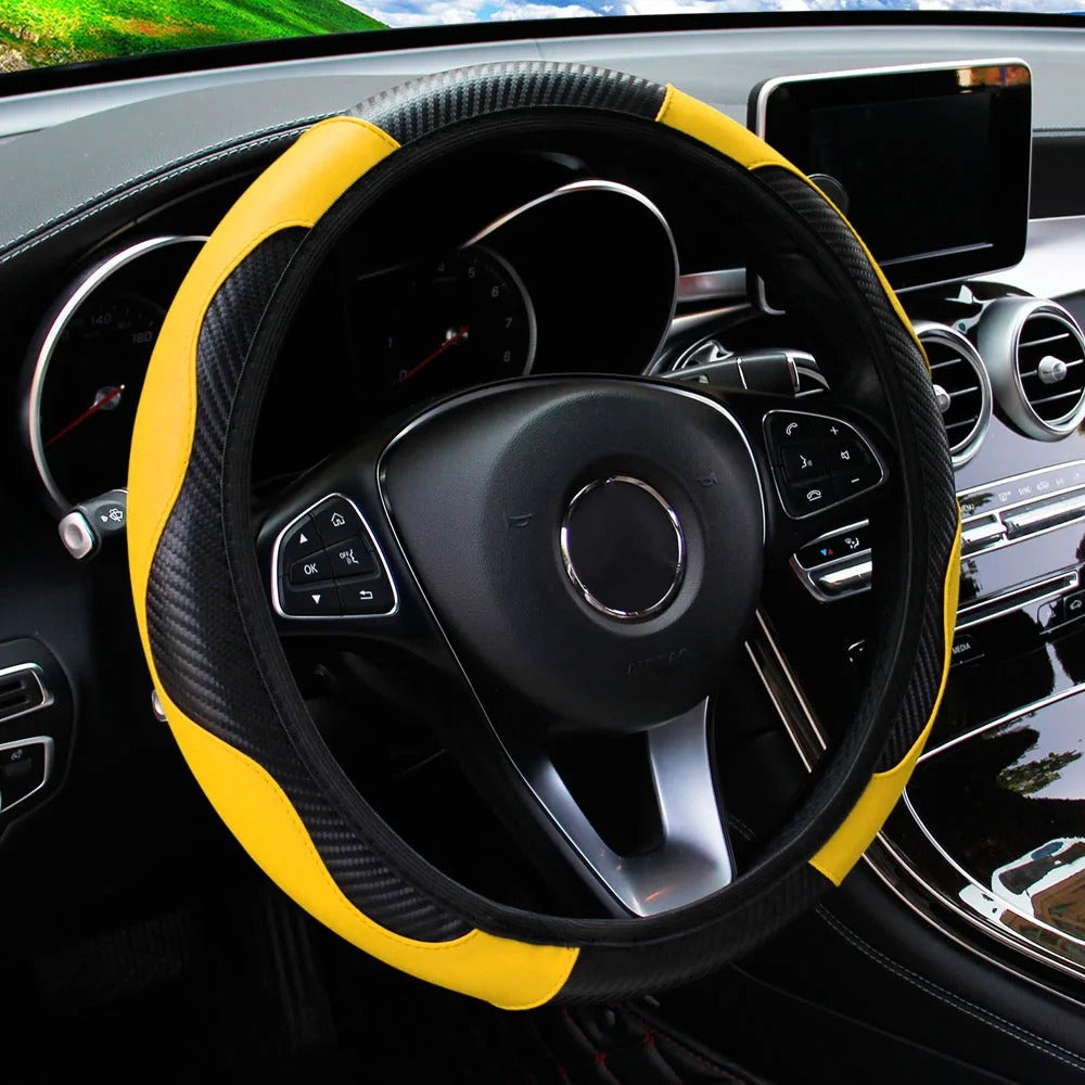 PU Carbon Fiber Steering Wheel Cover – Fits 14.5 to 15 Inch Wheels - Delicate Leather  