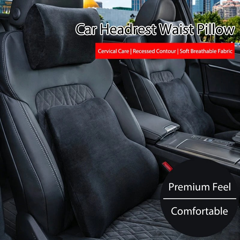 Suede Memory Foam Car Neck & Lumbar Support Pillow Set – Breathable Headrest Waist Cushion for Car Seats - Delicate Leather