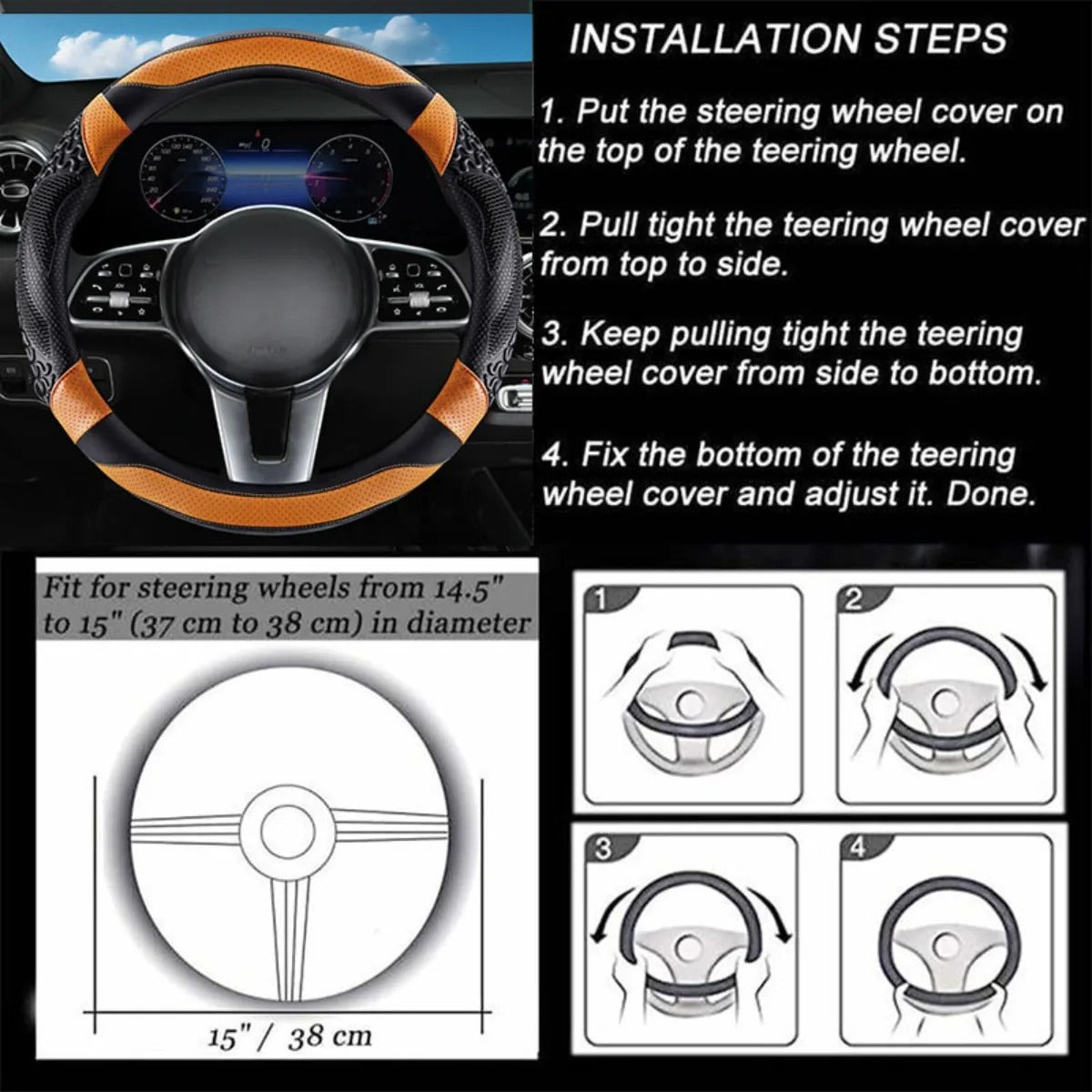 PU Leather Steering Wheel Cover – All-Season Perforated Design with Heat-Embossed Pattern (14.5–15 Inch Fit) - Delicate Leather  