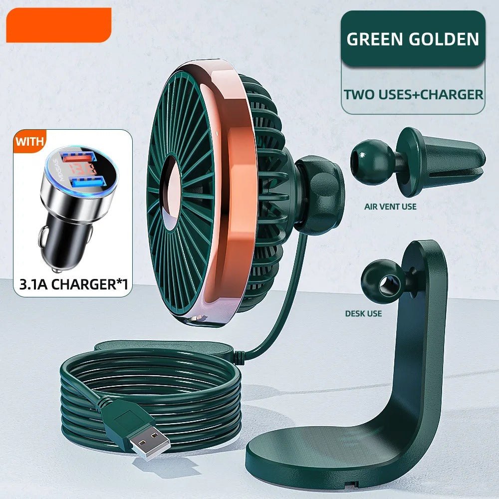 12–24V Mini Car Air Outlet Fan with LED Lighting – USB Powered, 360° Rotating, 3-Speed Cooling Fan for Car, Office & Home Use - Delicate Leather  