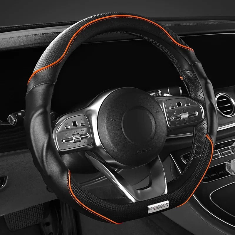 Nappa Leather Steering Wheel Cover with Carbon Fiber Pattern – Universal Fit 38cm, Non-Slip, All-Season Design - Delicate Leather  