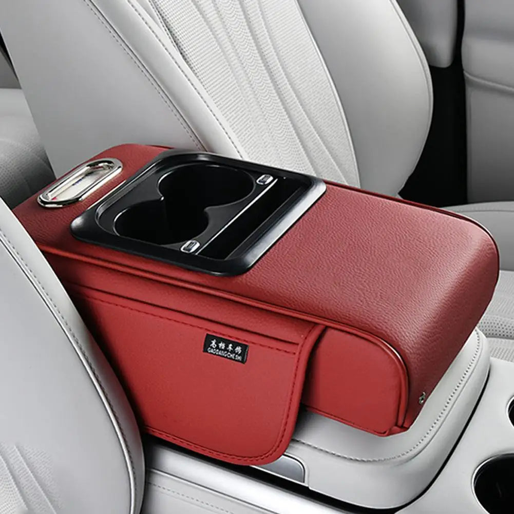 Multi-Functional Car Cup Holder & Armrest Organizer – Center Console Pad with Phone Storage - Delicate Leather  