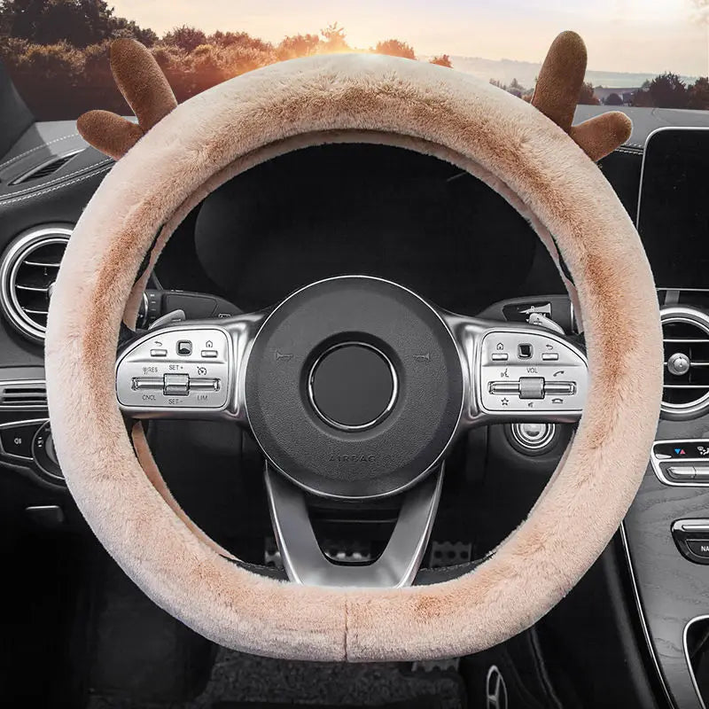 Warm Fluffy Winter Car Steering Wheel Cover – Full-Wrapped Anti-Slip Protector, Universal 38cm Christmas Gift Accessory - Delicate Leather  