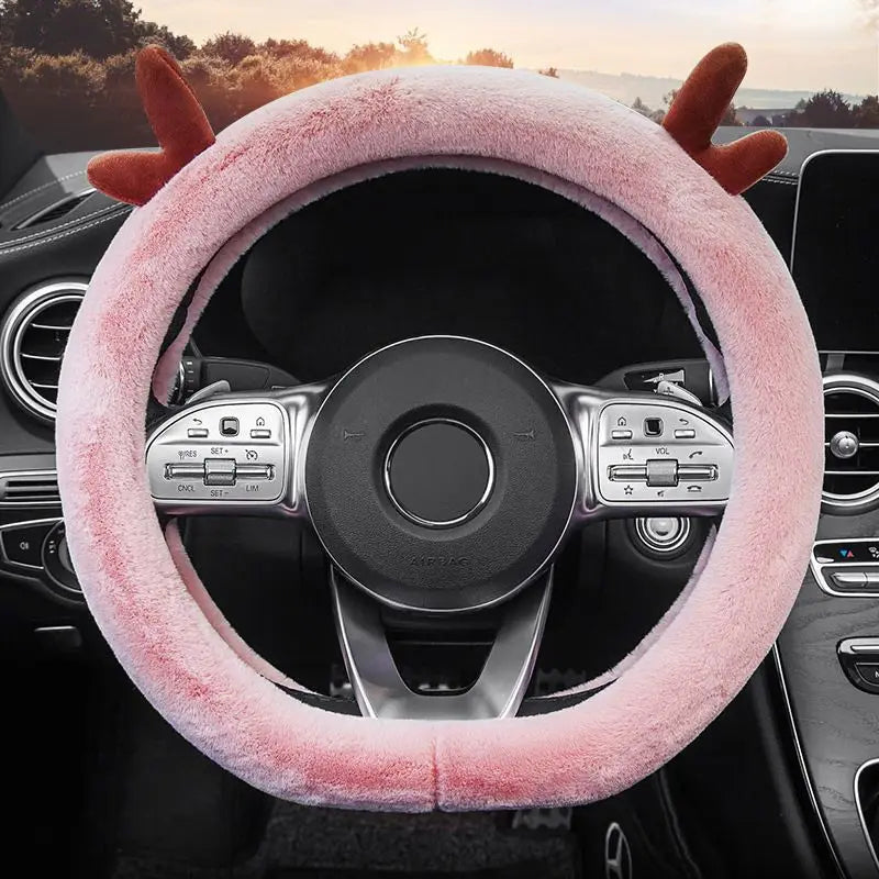 Warm Fluffy Winter Car Steering Wheel Cover – Full-Wrapped Anti-Slip Protector, Universal 38cm Christmas Gift Accessory - Delicate Leather  
