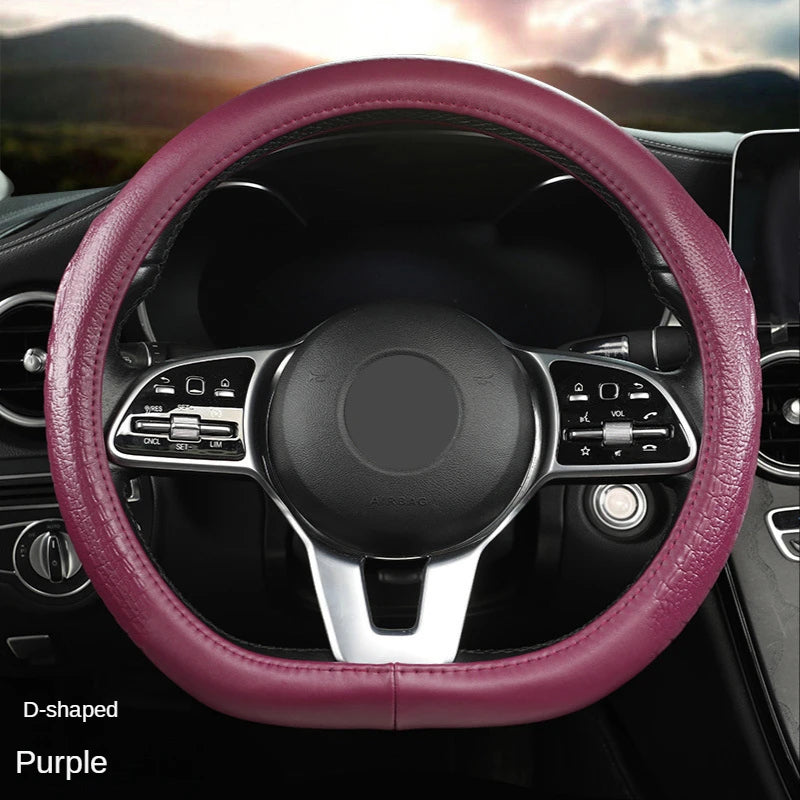 Crocodile Grain Leather Steering Wheel Cover – Universal D-Type Textured Grip Cover - Delicate Leather  