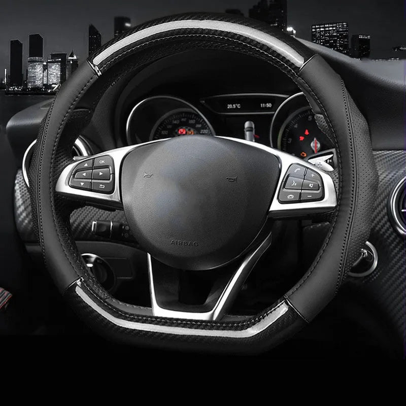 Leather Carbon Fiber Car Steering Wheel Cover – 38cm Non-Slip, Breathable, All-Season - Delicate Leather  
