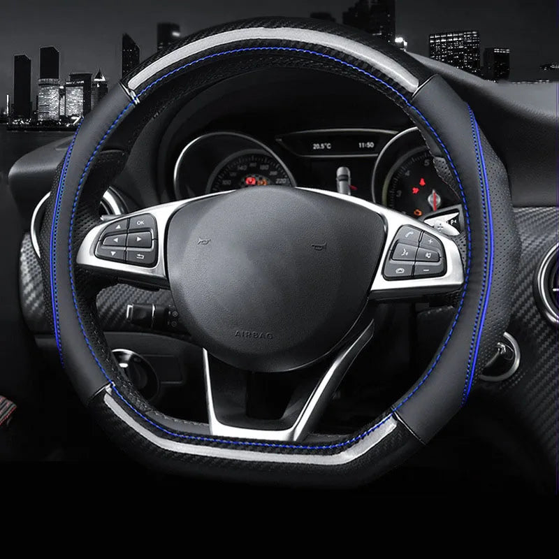Leather Carbon Fiber Car Steering Wheel Cover – 38cm Non-Slip, Breathable, All-Season - Delicate Leather  