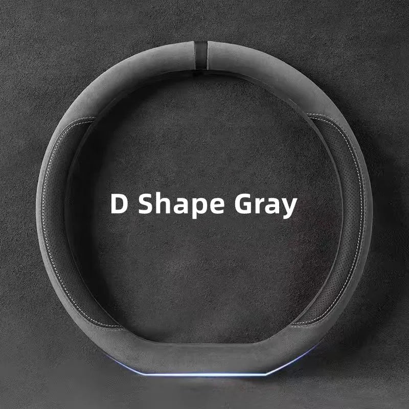 Universal Suede Steering Wheel Cover – Ultra-Thin Non-Slip D-Shape & Round Fit, Breathable All-Season Leather Protector 37–38cm - Delicate Leather  