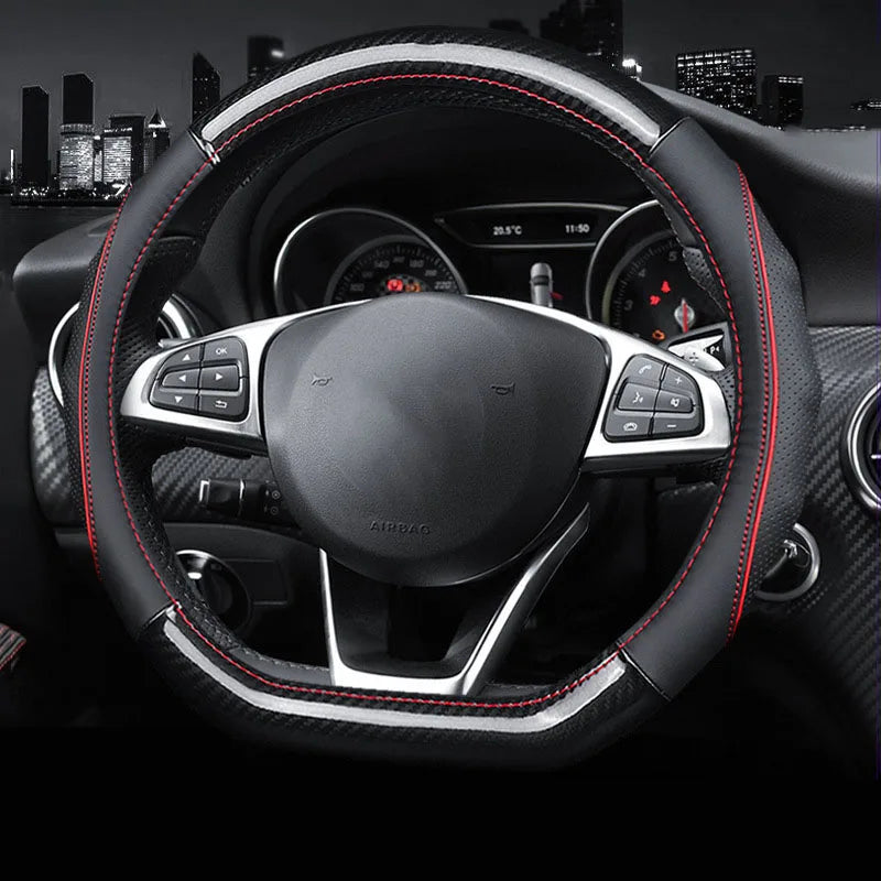 Leather Carbon Fiber Car Steering Wheel Cover – 38cm Non-Slip, Breathable, All-Season - Delicate Leather  