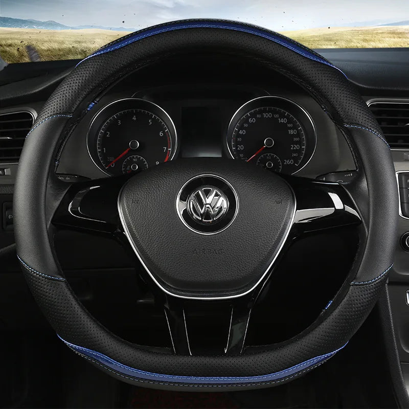 Four-Season Carbon Fiber Splicing Car Steering Wheel Cover – Universal Fit for 36–38/40 cm Wheels, Anti-Slip & Durable - Delicate Leather  