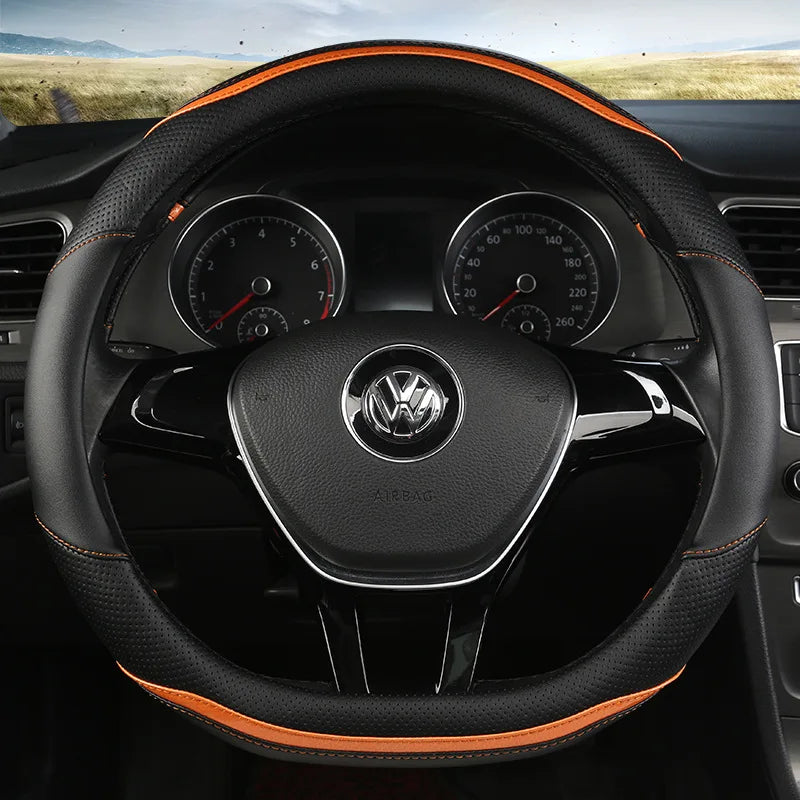 Four-Season Carbon Fiber Splicing Car Steering Wheel Cover – Universal Fit for 36–38/40 cm Wheels, Anti-Slip & Durable - Delicate Leather  