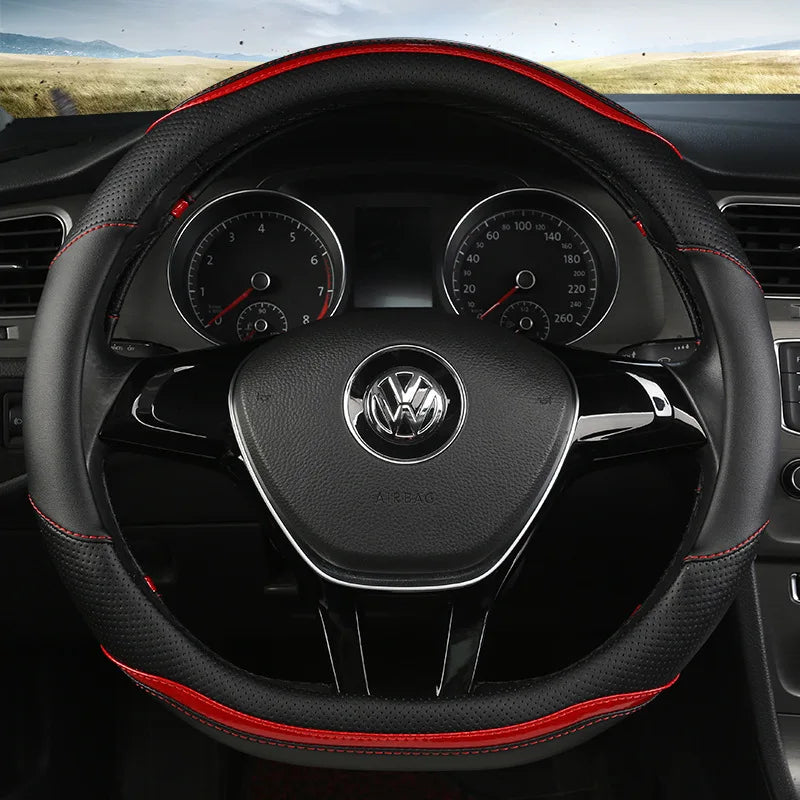 Four-Season Carbon Fiber Splicing Car Steering Wheel Cover – Universal Fit for 36–38/40 cm Wheels, Anti-Slip & Durable - Delicate Leather  
