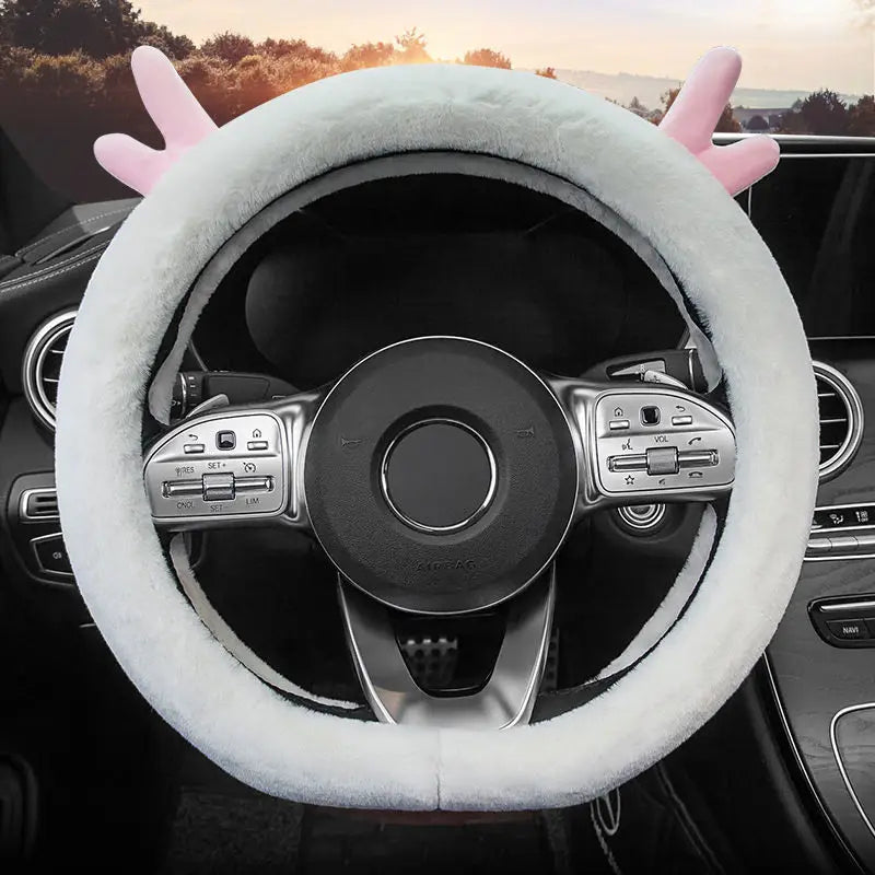 Warm Fluffy Winter Car Steering Wheel Cover – Full-Wrapped Anti-Slip Protector, Universal 38cm Christmas Gift Accessory - Delicate Leather  