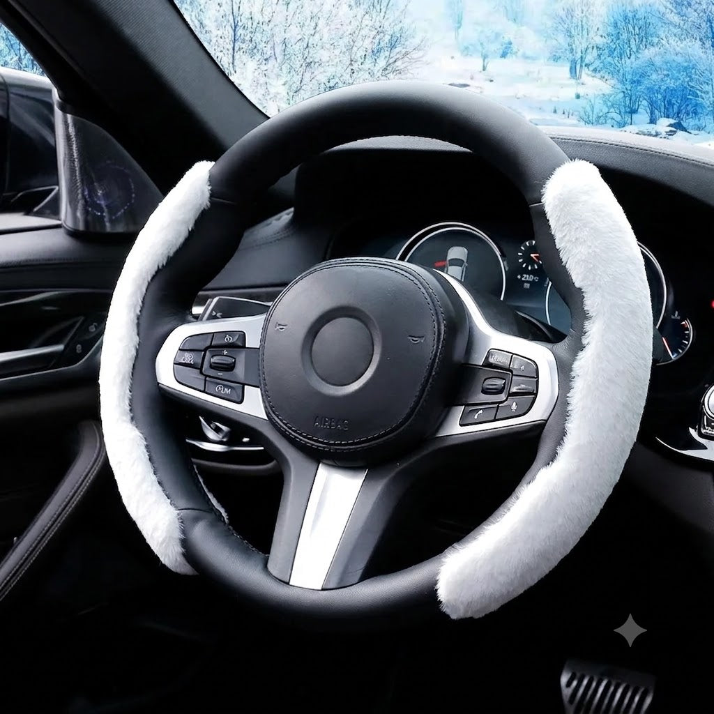 2PCS Plush Steering Wheel Cover – Winter Warm Soft Non-Slip Grip Set - Delicate Leather