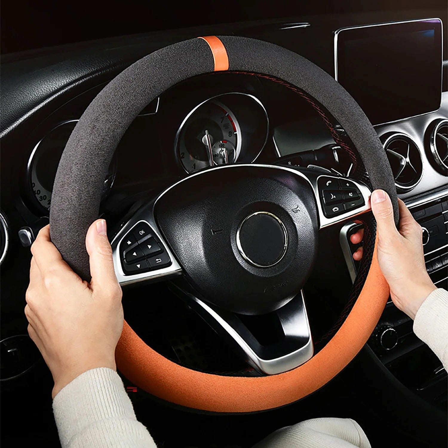Premium Suede Steering Wheel Cover – D-Shape Anti-Slip Universal 15-Inch Fit - Delicate Leather  