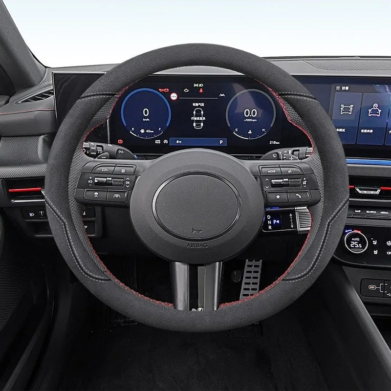 Suede Leather Steering Wheel Cover 38cm – Universal Anti-Slip Grip Car Interior Accessory - Delicate Leather  